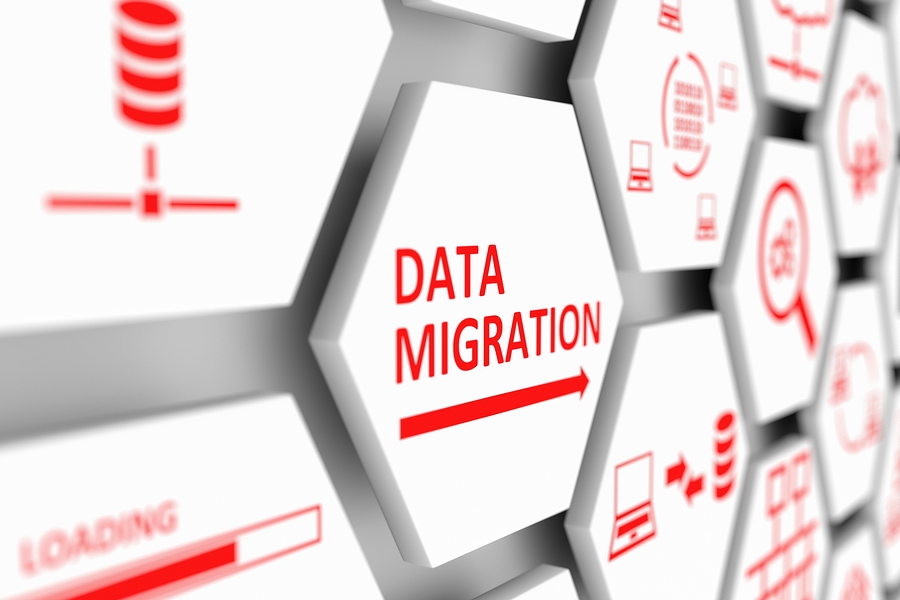DATA MIGRATION concept cell blurred background 3d illustration