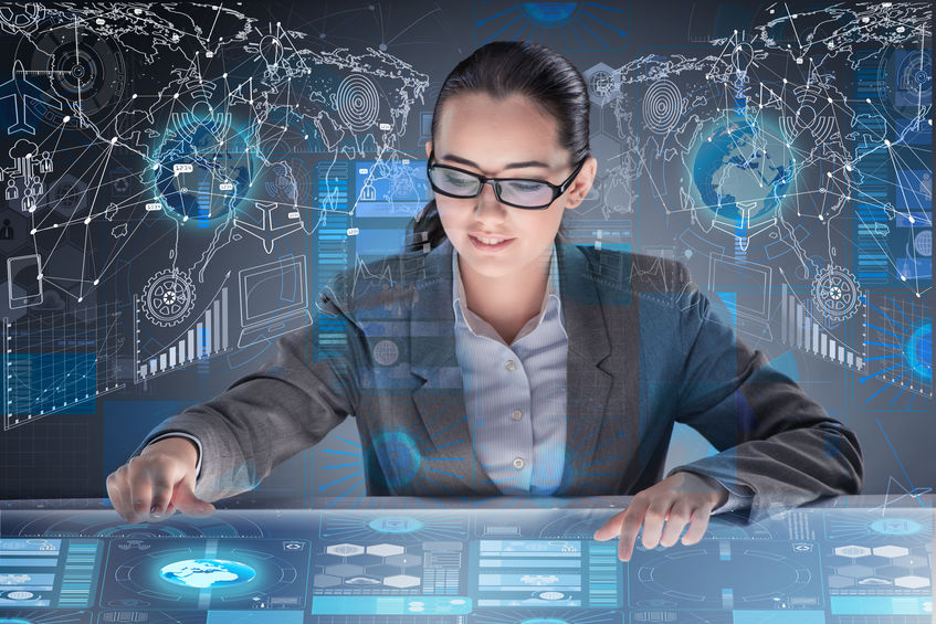 Futuristic media sharing concept with woman