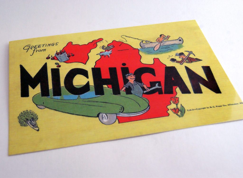vintage postcard featuring the state of Michigan