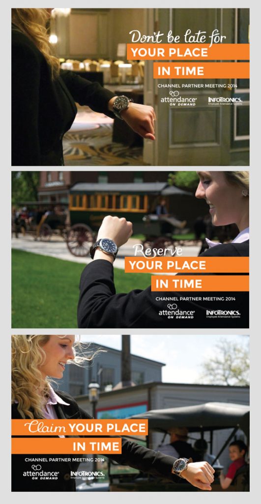 3 postcards that show a young woman looking at her watch, standing in various locations.
